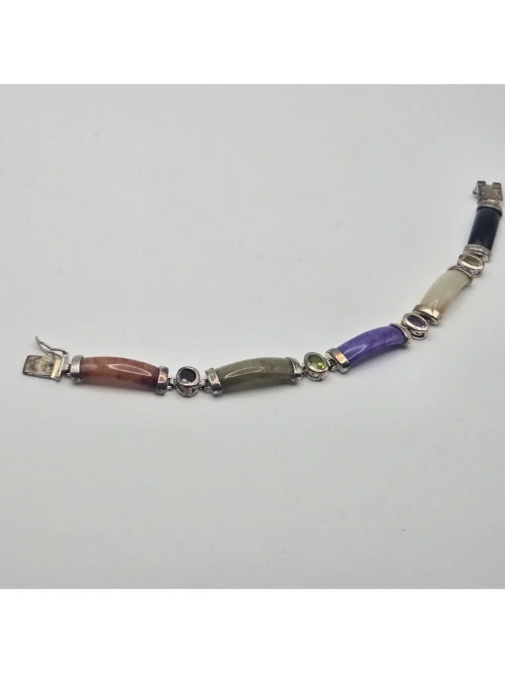 Vintage Sterling Silver Multi-Stone Inlay Bracelet Jade Amethyst Onyx Citrine